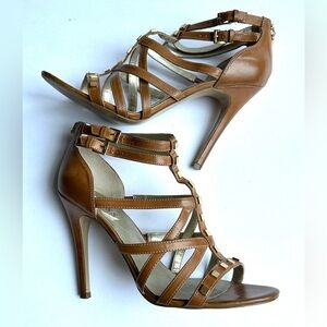 Guess Brown Leather Gold Studded Strappy 4.5” Stiletto Heels Sz 10